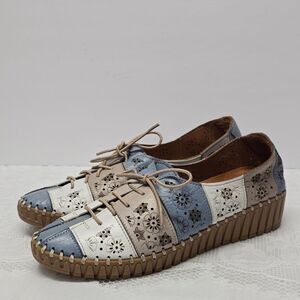 Spring Step Guppy Leather Laser Cut Floral Chunky Sole Lace Up Shoes Loafers 9